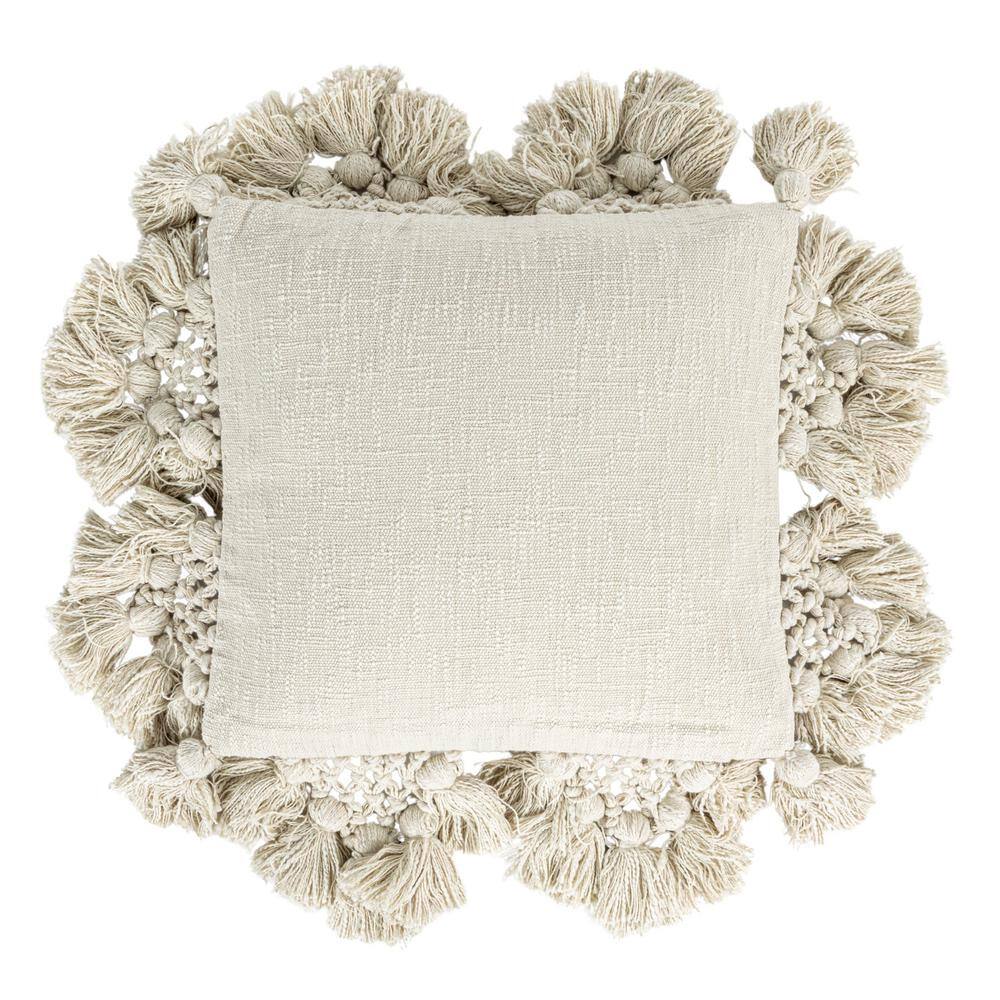 Modern Space-Themed Crochet & Tassel 18" Square Cotton Pillow - Cream