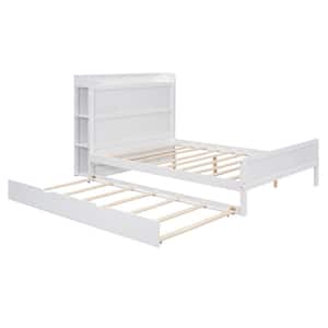 White Wood Frame Full Platform Bed with Trundle and Shelves