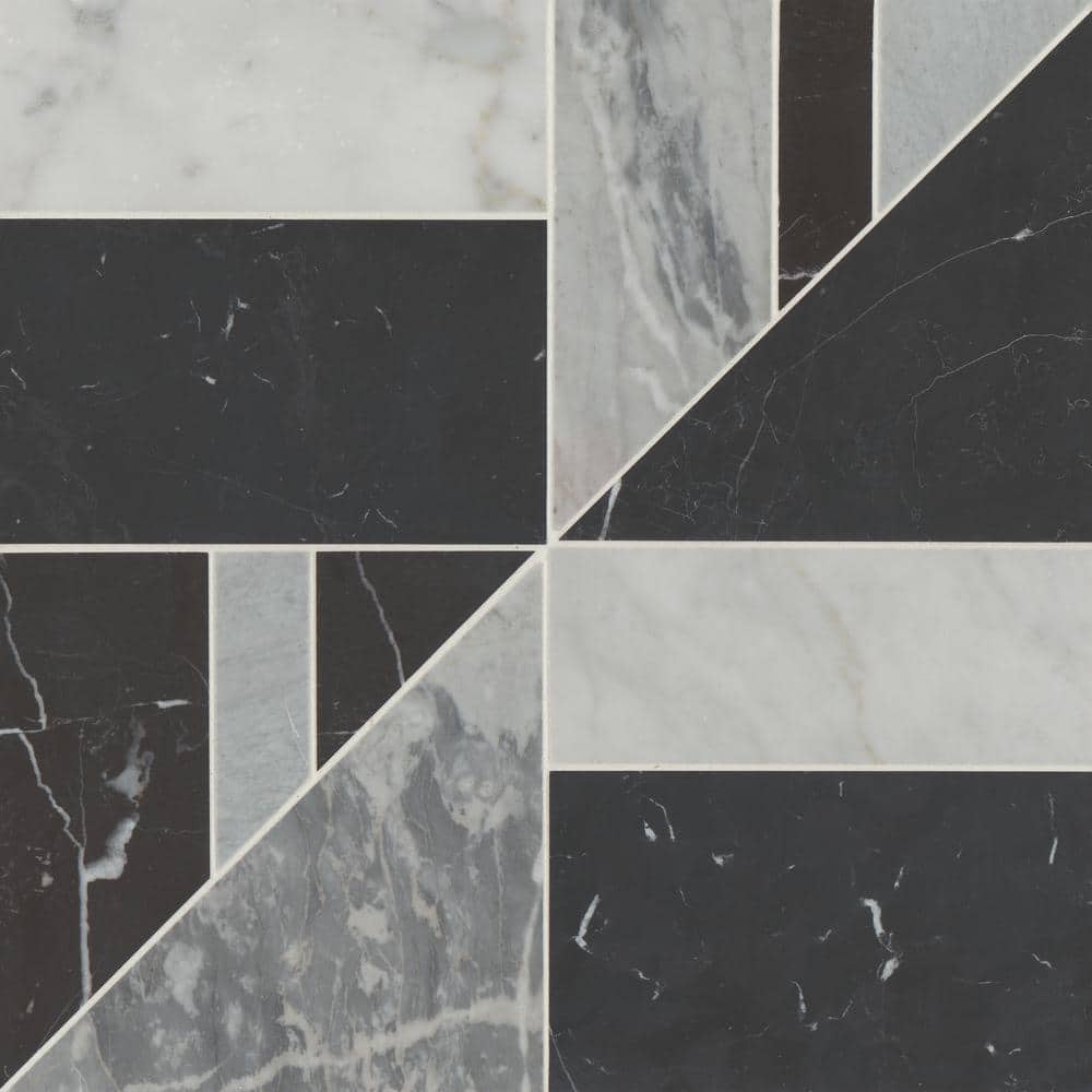 Sample-Modni White Carrara/Nero Marquina/Bardiglio Nuvolato 4 in. x 5 in. Geometric Honed Marble Mosaic Tile price history on PriceWatchPro