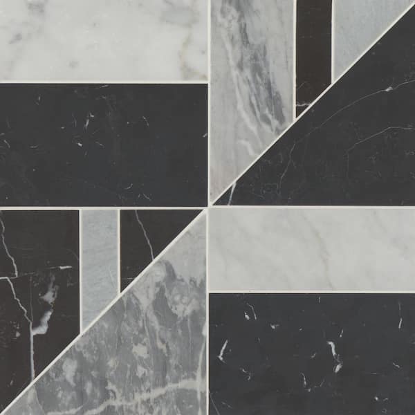 Modni White Carrara/Nero Marquina/Bardiglio Nuvolato 16x16 in. Geometric Honed Marble Mosaic Tile (8.85 sq. ft. /Case)