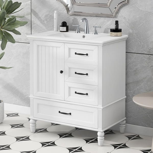 30 in. Freestanding White Solid Wood Frame Bath Vanity with White Ceramic Top, Adiustable Foot Pads