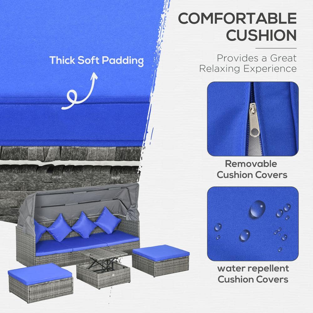 Dark Blue 6-Person Adjustable Canopy Outdoor Rattan Sofa Set