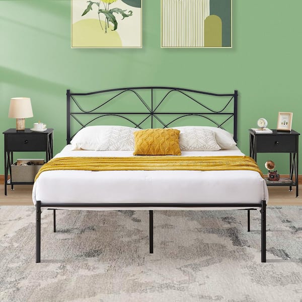 Bed Frame Black Metal Frame Full Platform Bed with Headboard, , Sturdy Steel Slats Support, Storage Bed Frame