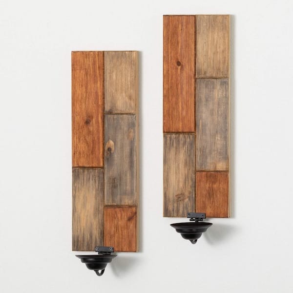 SULLIVANS 21 in. Multicolor Wood Patchwork Wall Candle Sconces Set of 2