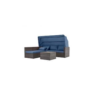6-Piece Gray Wicker Patio Conversation Set with Blue Cushions, Adjustable Canopy and Backrest