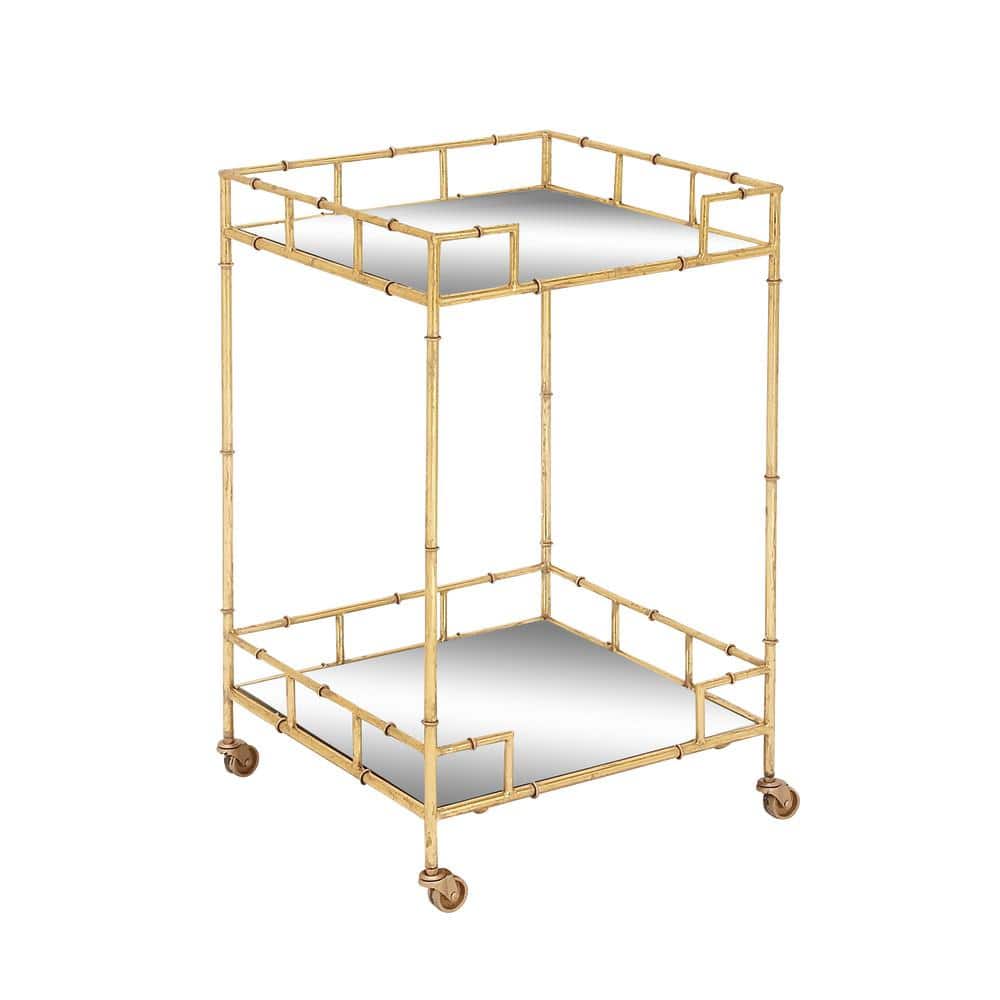 Gold Square Metal Bar Cart with Mirrored Shelves