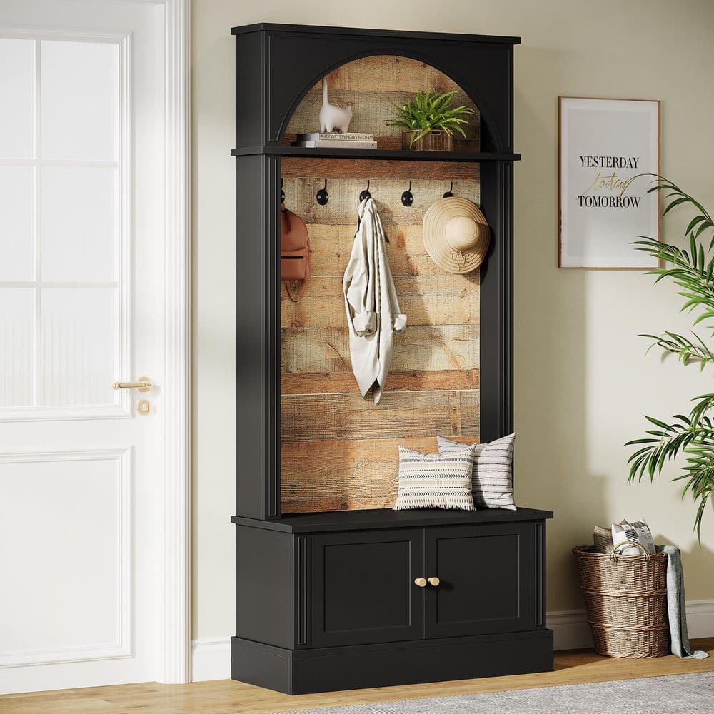 Carmalita Brown 70.86 in. Tall Hall Tree Coat Rack with Entryway Bench, Shoe Storage, 5 Double Hooks & Adjustable Shelf