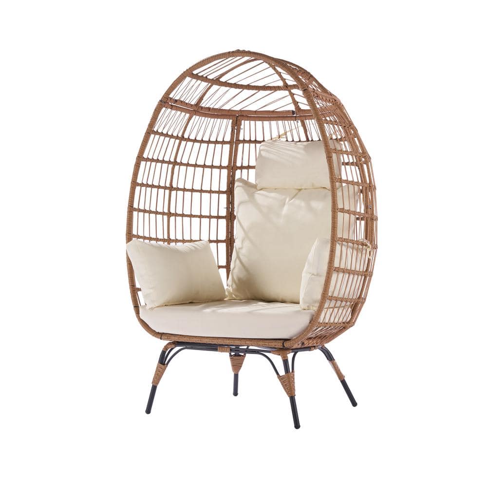 Tenleaf Wood Outdoor Lounge Chair Rattan Egg Swing Chair with Beige ...