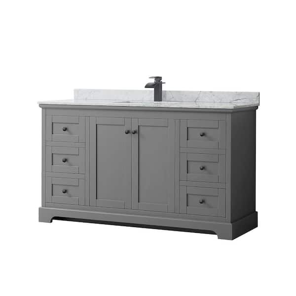 Wyndham Collection Avery 60 in. W x 22 in. D x 35 in. H Single Bath Vanity in Dark Gray with White Carrara Marble Top
