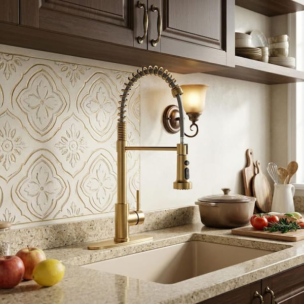 Single Handle Pull-Down Sprayer Kitchen Faucet with 3 Spray Mode Stainless Steel in Brushed Gold