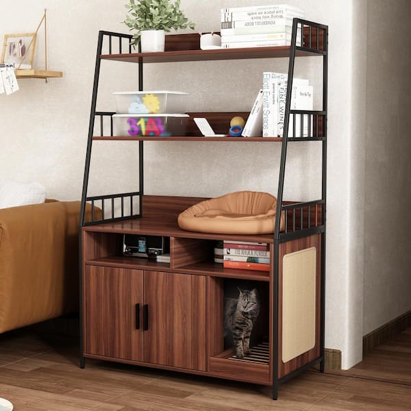 FUFU&GAGA Multi-Layer Storage Shelf Hidden Cat Litter Box Enclosure Furniture, Wood Cat Washroom Furniture with Side Scratch