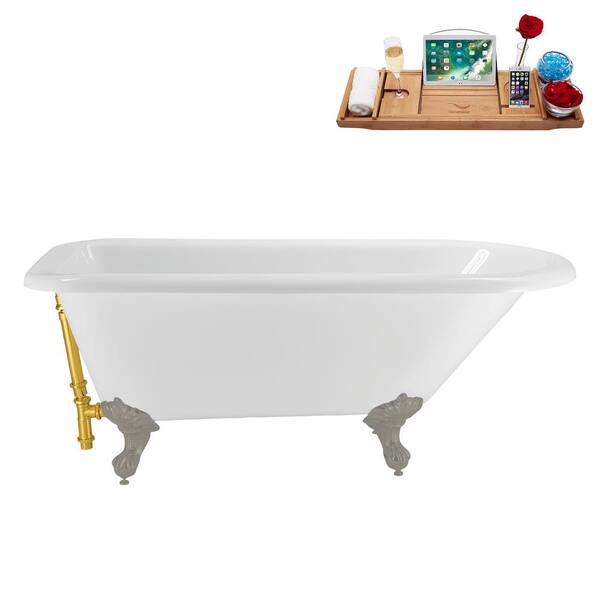 Streamline 62 in. x 29 in. Acrylic Clawfoot Soaking Bathtub in Glossy White with Polished Gold Drain, Brushed GunMetal Clawfeet