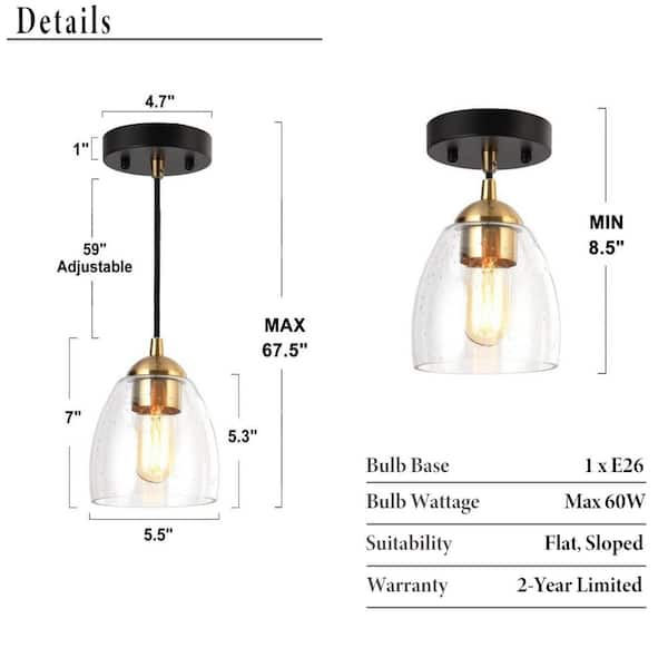 Zevni 1-Light Brass Gold Mini Pendant Light, Seeded Glass