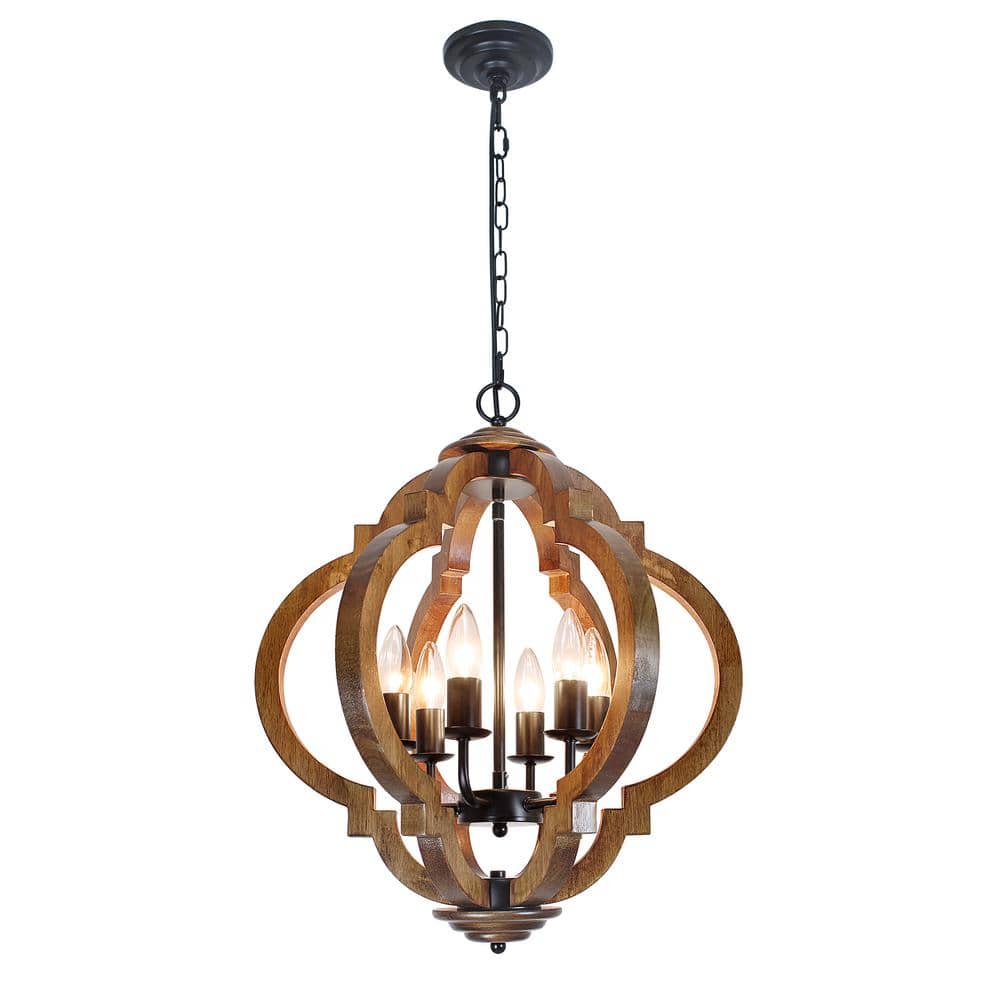 6-Light Farmhouse Brown Wood Chandelier, Rustic Orb Pendant Lighting Fixture with Adjustable Chain price history on PriceWatchPro