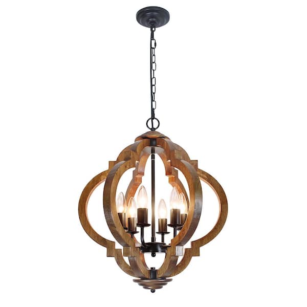 Rviezza 6-Light Farmhouse Brown Wood Chandelier, Rustic Orb Pendant Lighting Fixture with Adjustable Chain