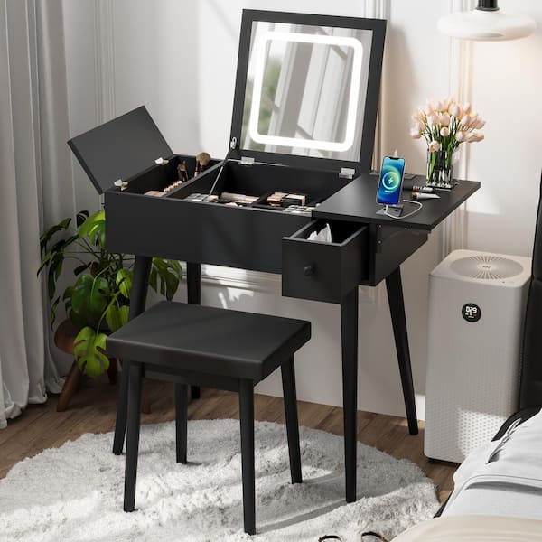Harper & Bright Designs 2-Piece Black Makeup Vanity Set with Flip Top Mirror and LED, Charging Station, 2-Drawers, Fold-Up Panel