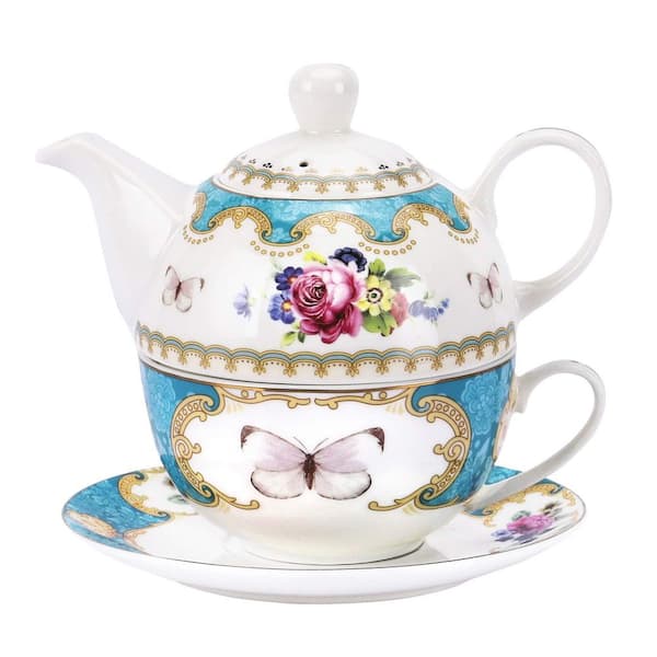 Accent Plate Ceramic Porcelain Blue Floral Tea for One Set with Teapot, Cup and Saucer, Dishwasher Safe, Household Gift