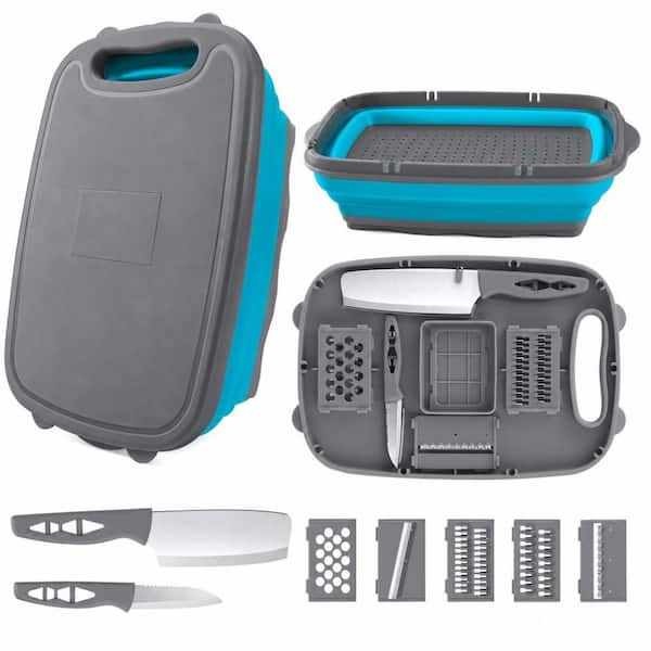 9-Piece Blue and Gray Plastic Collapsible Cutting Board Set with Colander, Camping Chopping Board