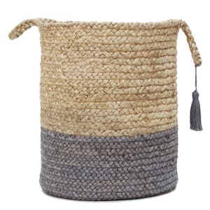 Amara Tan / Frost Gray Two-Tone Natural Jute Woven Decorative Storage Basket with Handles
