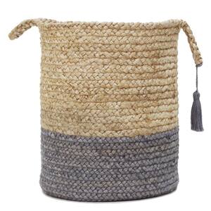 Tan / Frost Gray Two-Tone Natural Jute Woven Decorative Storage Basket with Handles