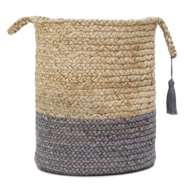 Unbranded Amara Tan / Frost Gray Two-Tone Natural Jute Woven Decorative Storage Basket with Handles