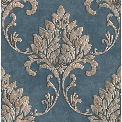 Telluride Rustic Damask Metallic Copper, Denim, & Brown Paper Strippable Roll (Covers 56.05 sq. ft.)