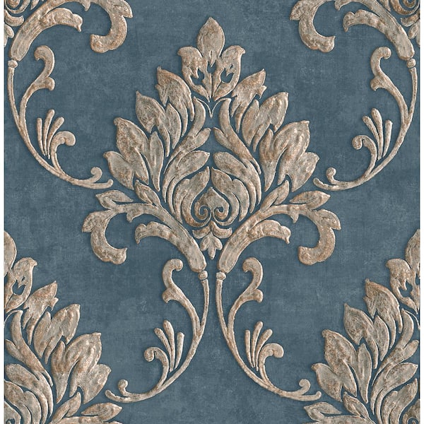 Seabrook Designs Telluride Rustic Damask Metallic Copper, Denim, & Brown Paper Strippable Roll (Covers 56.05 sq. ft.)