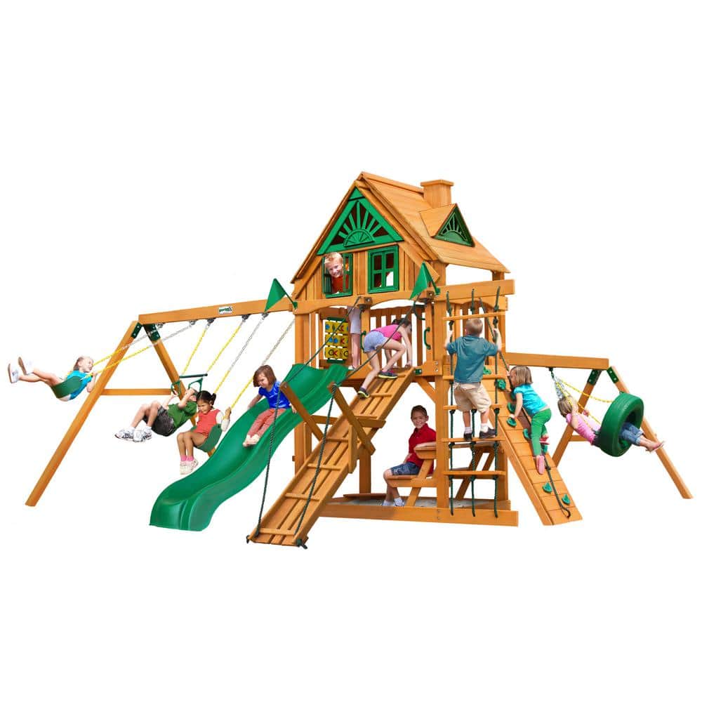 Gorilla Playsets Frontier Treehouse Wooden Outdoor Playset With Tire Swing,  Rock Wall, Wave Slide, And Backyard Swing Set Accessories 01-0052-Ap - The  Home Depot