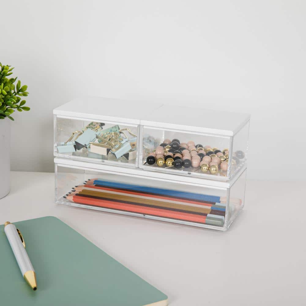 Clear Stackable Plastic Storage Bins with White Lids, 3 Pack