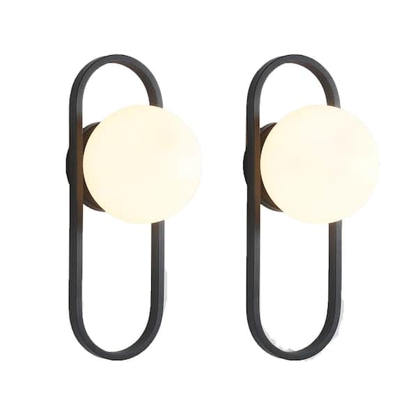 Lukyamzn Upgraded 1 Bulb Matte Black Wall Sconce with White Globe Glass Shade 2-Pack