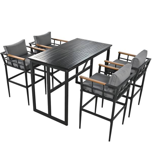 maocao hoom Black 5-Piece Metal Outdoor Dining Set with Washed Gray Cushion