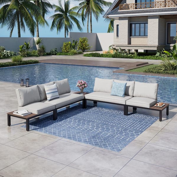 PHI VILLA Metal 6-Seat 5-Piece Outdoor Patio Conversation Set with Gray Cushions and Coffee Table