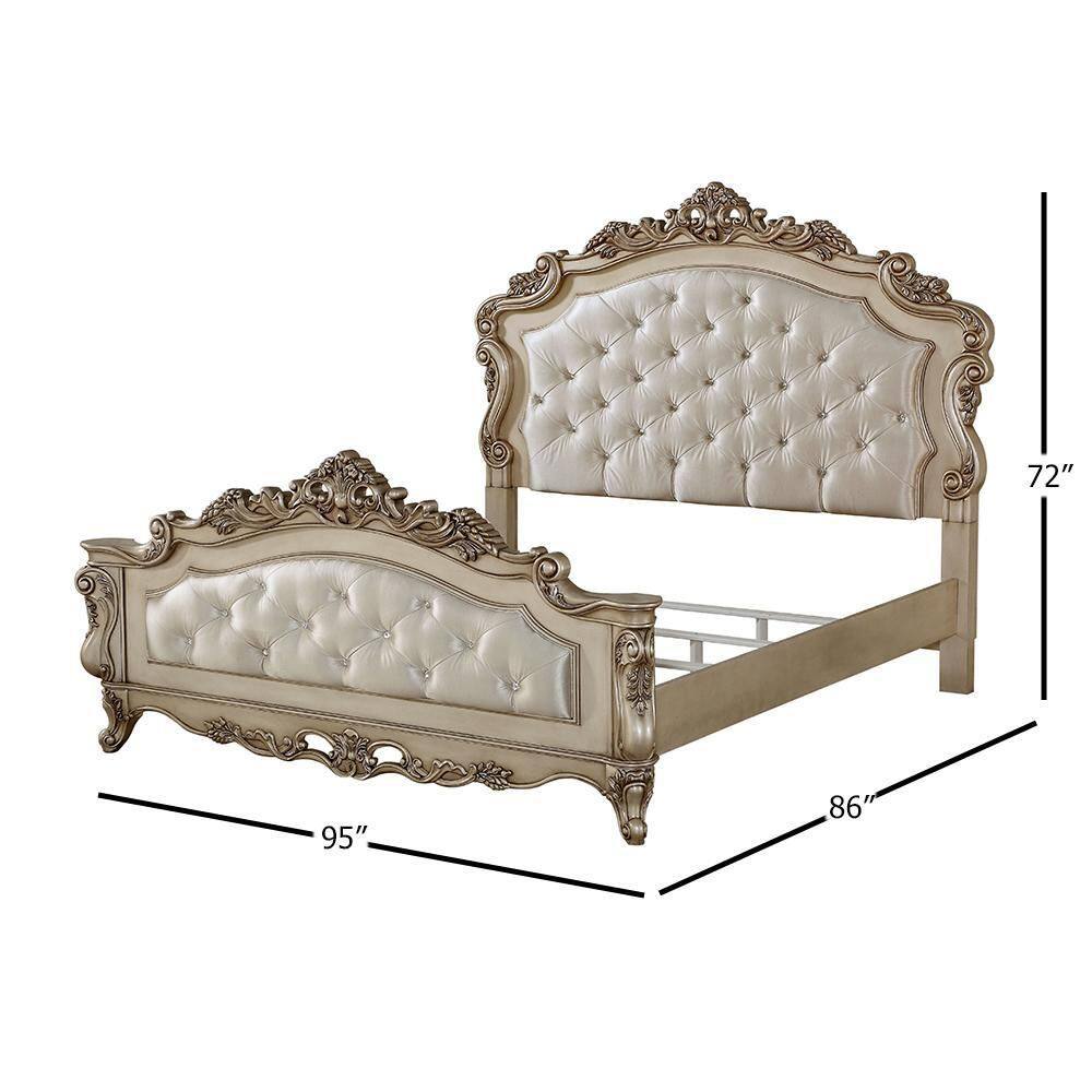 Antique White California King Upholstered Wood Bed with Tufted Headboard