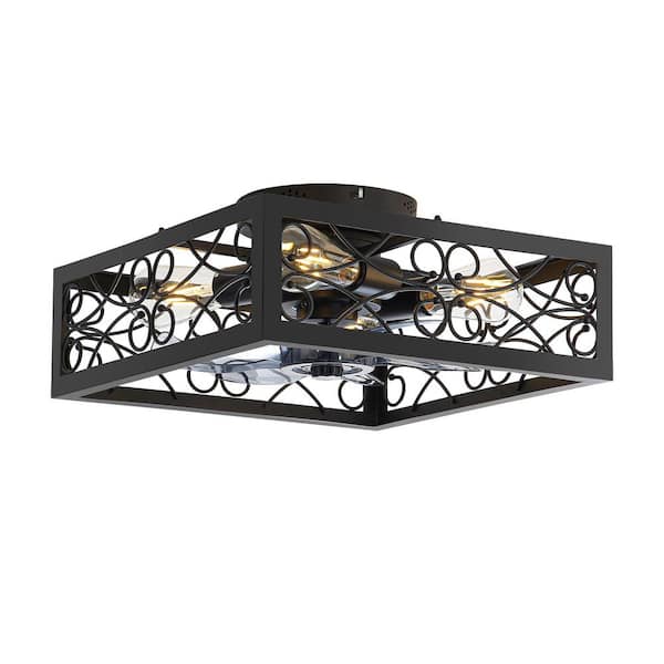 Breezary Square 16 in. Indoor Black Farmhouse Caged Ceiling Fan with Light Kit and Remote Included