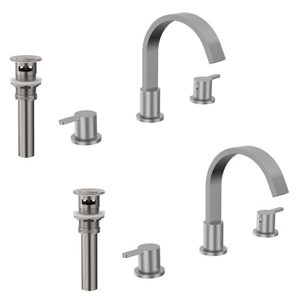 Waterfall 3-Hole High-Arc 8 in. Widespread Double Handle Bathroom Faucet in Brushed Nickel with Pop-Up Drain (2-Pack)