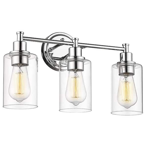 JAZAVA 17.25 in. 3-Light Chrome Vanity Light with Clear Glass Shade