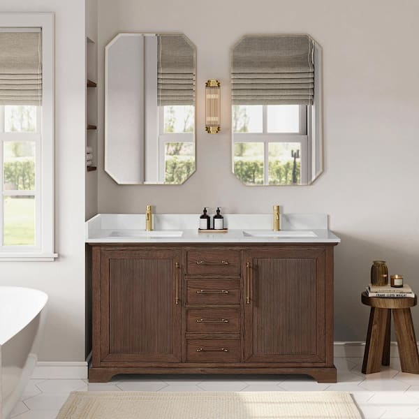 ROSWELL Tokyo 60 in. W. x 22 in. D x 33.9 in. H Double Bath Vanity in Aged Dark Brown Oak with Silk White Quartz Stone Top