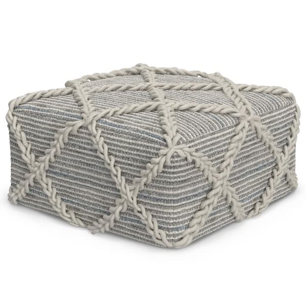 Simpli Home Cowan Contemporary Square Pouf in Grey, Natural Handloom Woven