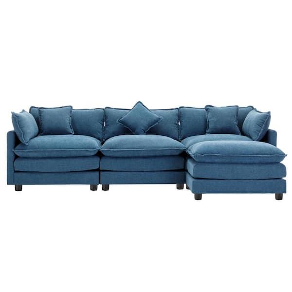 112.2 in Wide Square Arm Chenille L-Shaped Modern Upholstered Sofa in Blue