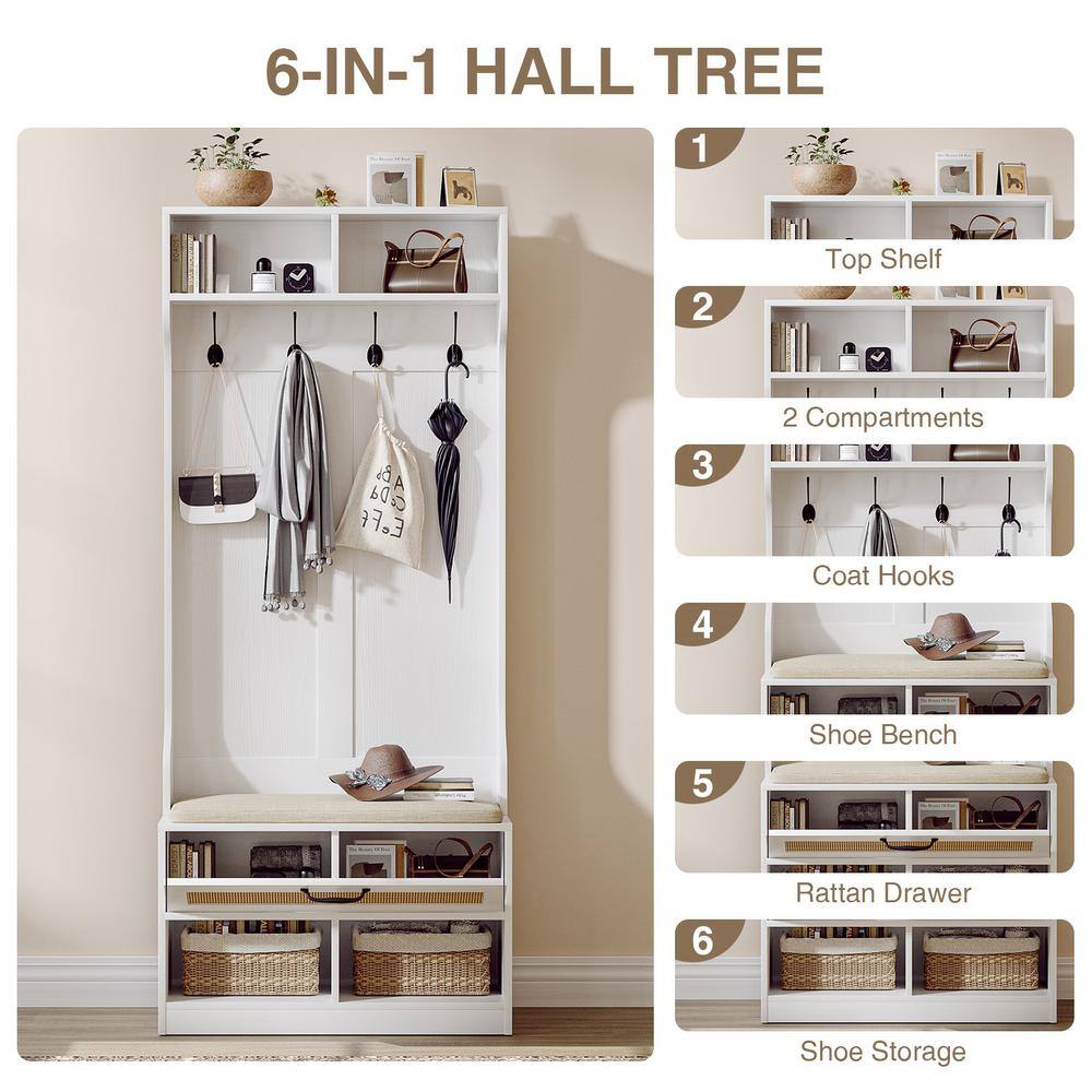 White Hall Tree with Bench, Rattan Storage and Cushion