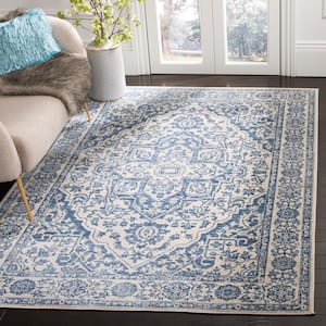 Brentwood Navy/Light Gray 5 ft. x 5 ft. Square Border Medallion Distressed Area Rug