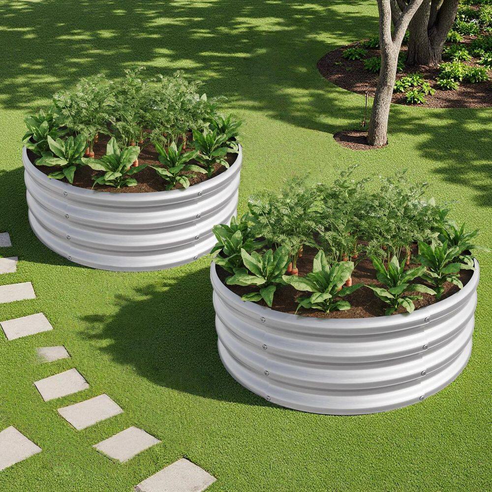 2-Piece Silver Round Metal Outdoor Garden Raised Planter Box for ...
