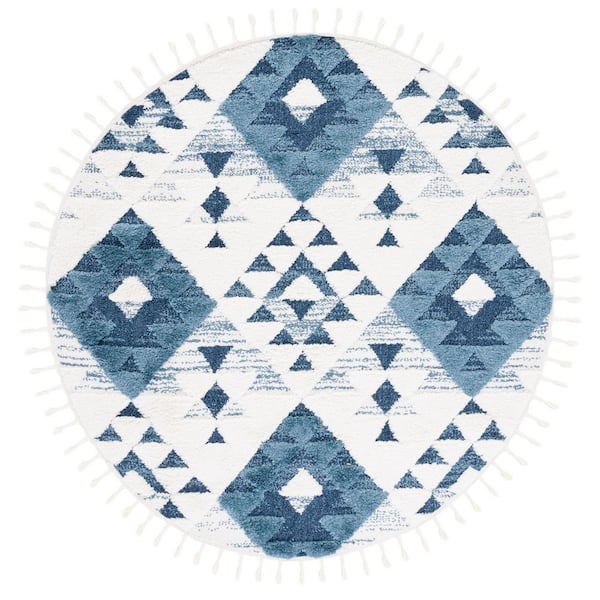 Moroccan Tassel Shag 10 ft. x 10 ft. Round Blue/Ivory High-Low Geometric Fringe Area Rug