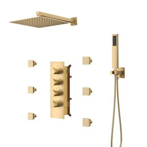 6-Spray Pattern 12 in. Wall Mounted Rainfall Shower Faucet and Dual Shower Heads System With 6 Body Jets In Brushed Gold