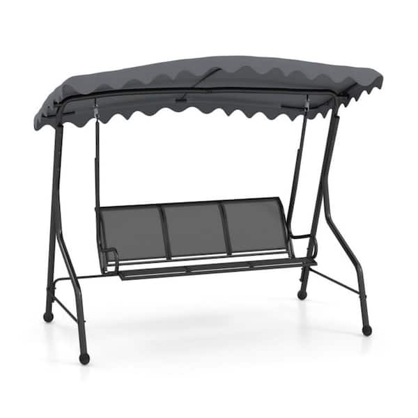3-Person Outdoor Metal Canopy Patio Swing with Adjustable Shading in Gray