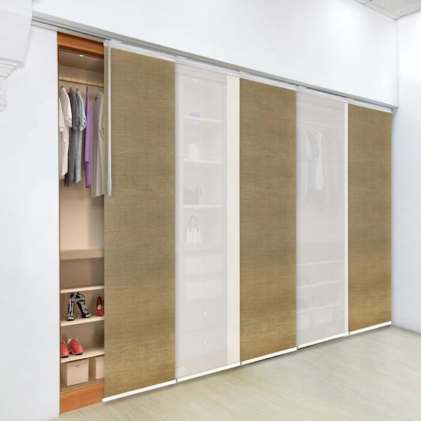 EMOH Silken Desert 58 in. - 110 in. W x 94 in. L Adjustable 5- Panel White Single Rail Panel Track with 23.5 in. Slates