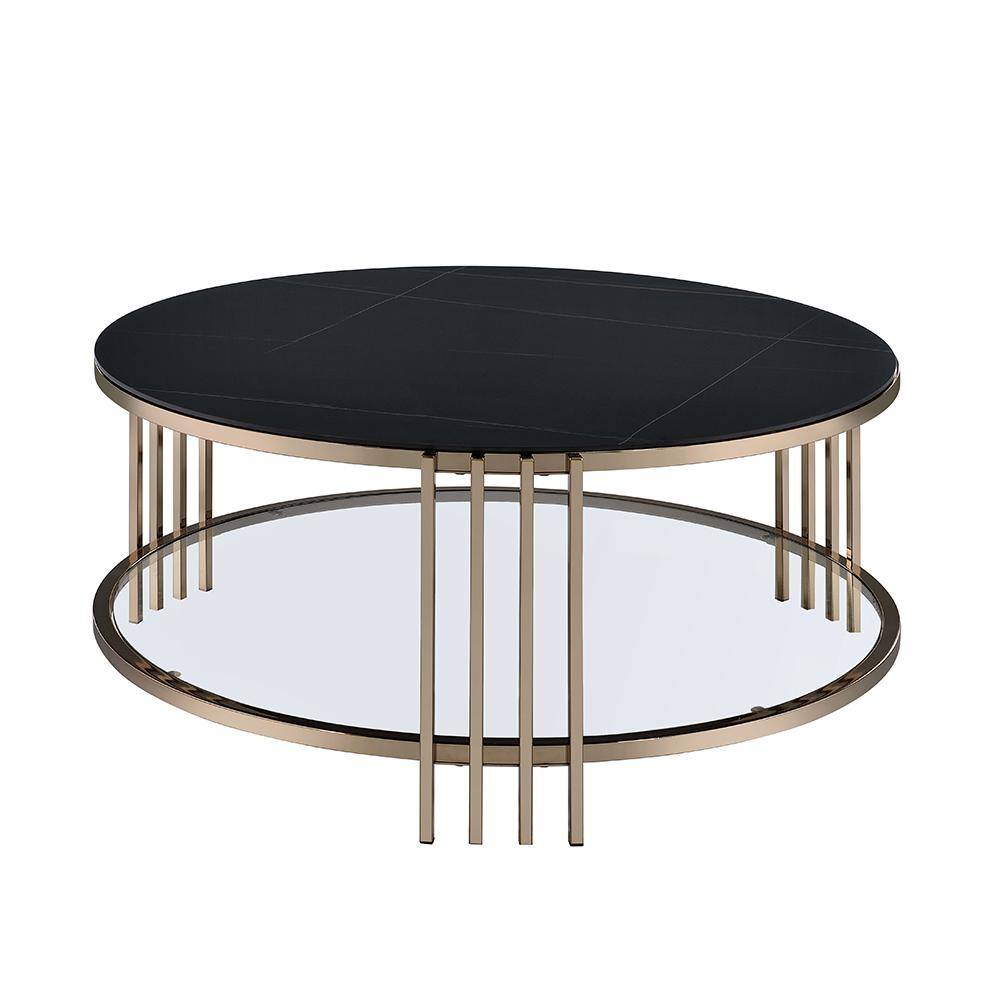 Round Black Sintered Stone and Glass Coffee Table with Champagne Finish