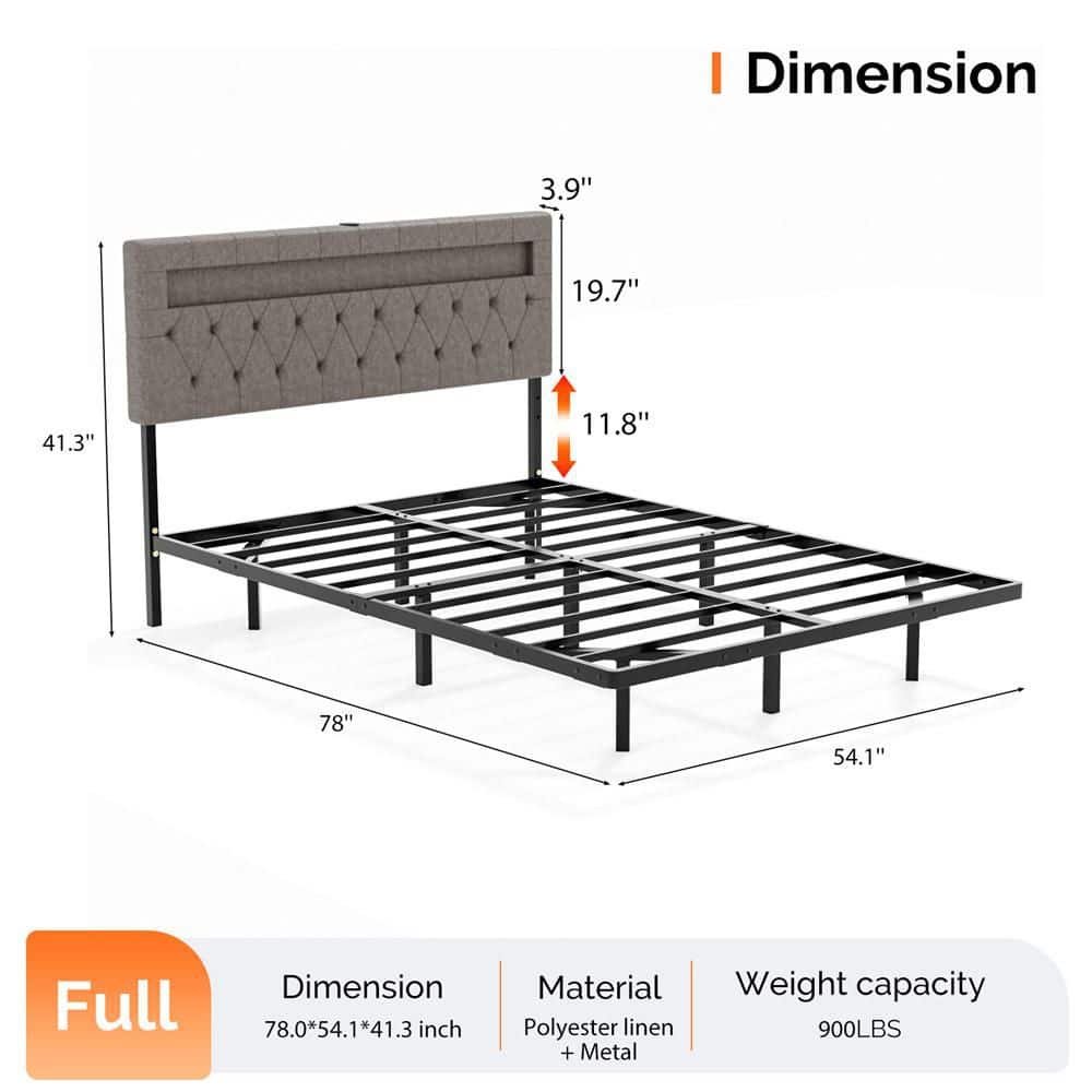 Gray Full Size Floating Bed Frame with Upholstered Headboard/Charging Station,RGB LED Lights - thumbnail 3