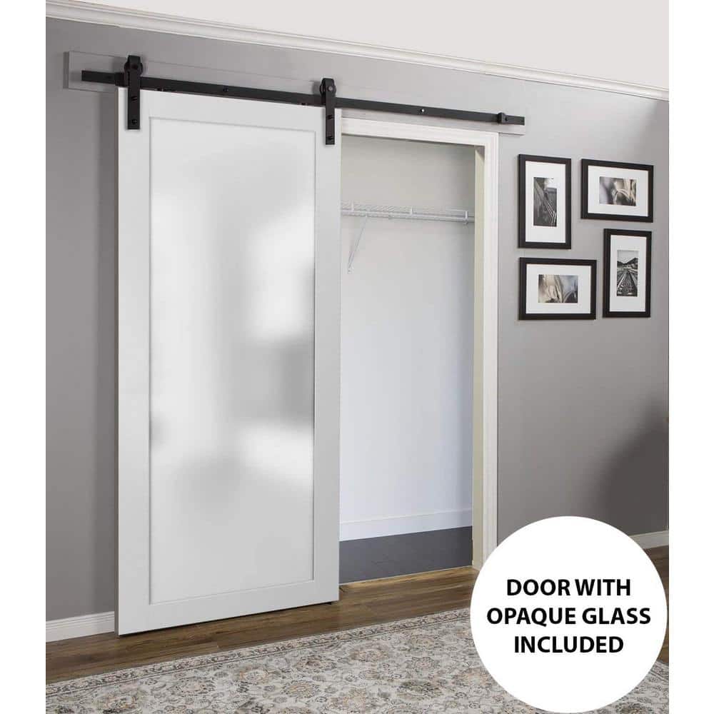 Modern White Frosted Glass Panel Barn Door Kit 24 x 84