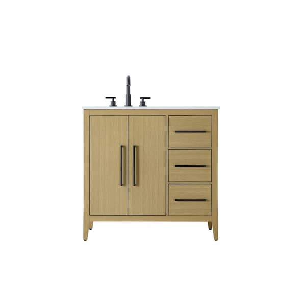 36 in. Single Sink Honey Brown Bath Vanity with White Engineered Marble Top
